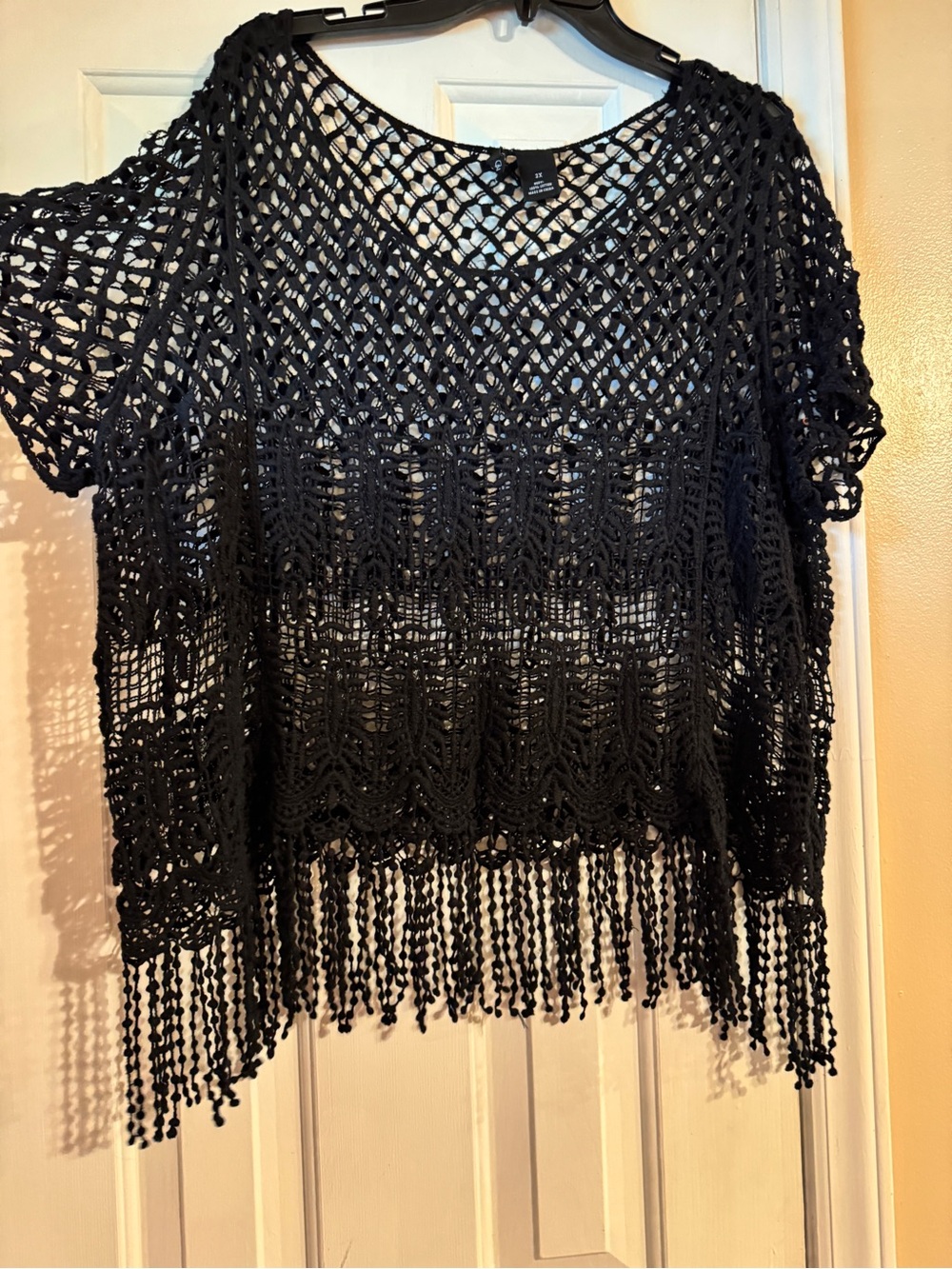 new directions Black Crochet Fringe Poncho Top